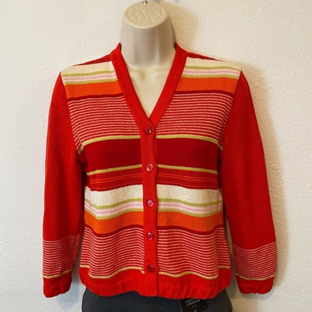 St. John Sport By Marie Gray Red and Orange Striped Cardigan Women Size P